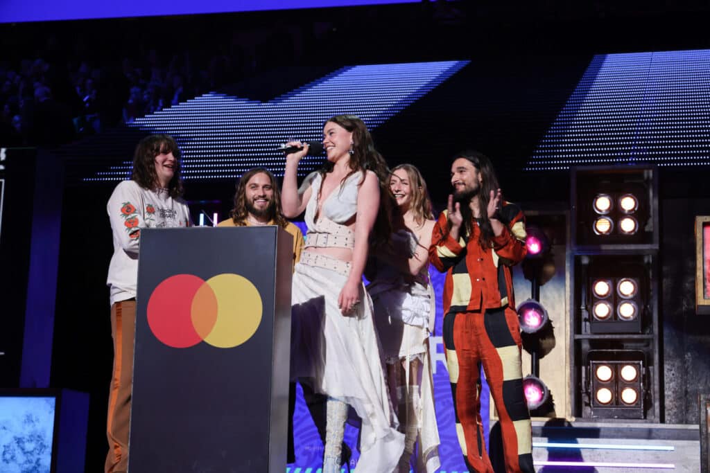 Wet Leg speak at the BRIT Awards 2023, on a night where they won both Best New Artist and Group of the Year awards.