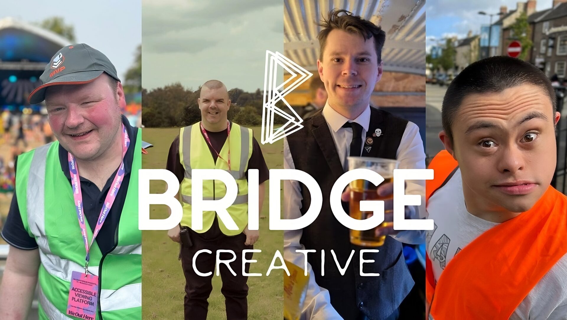 A collection of photos. A young man smiling, wearing a high-vis jacket at a music festival. A young man stood in a field, wearing a high-vis jacket. A young man holding a drink. A young man smiling into the camera.