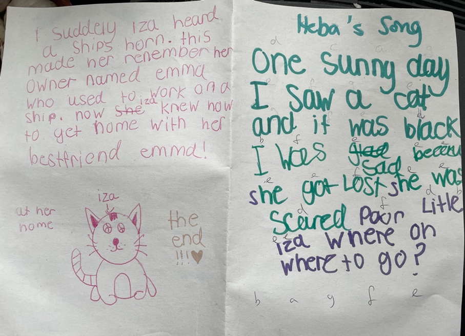 "One sunny day I saw a cat and it was black. I was sad because she got lost. She was scared. Poor little Iza, where oh where to go? Suddenly Iza heard a ship's horn. This made her remember her owner named Emma who used to work on a ship. Now Iza knew how to get home with her best friend Emma!"