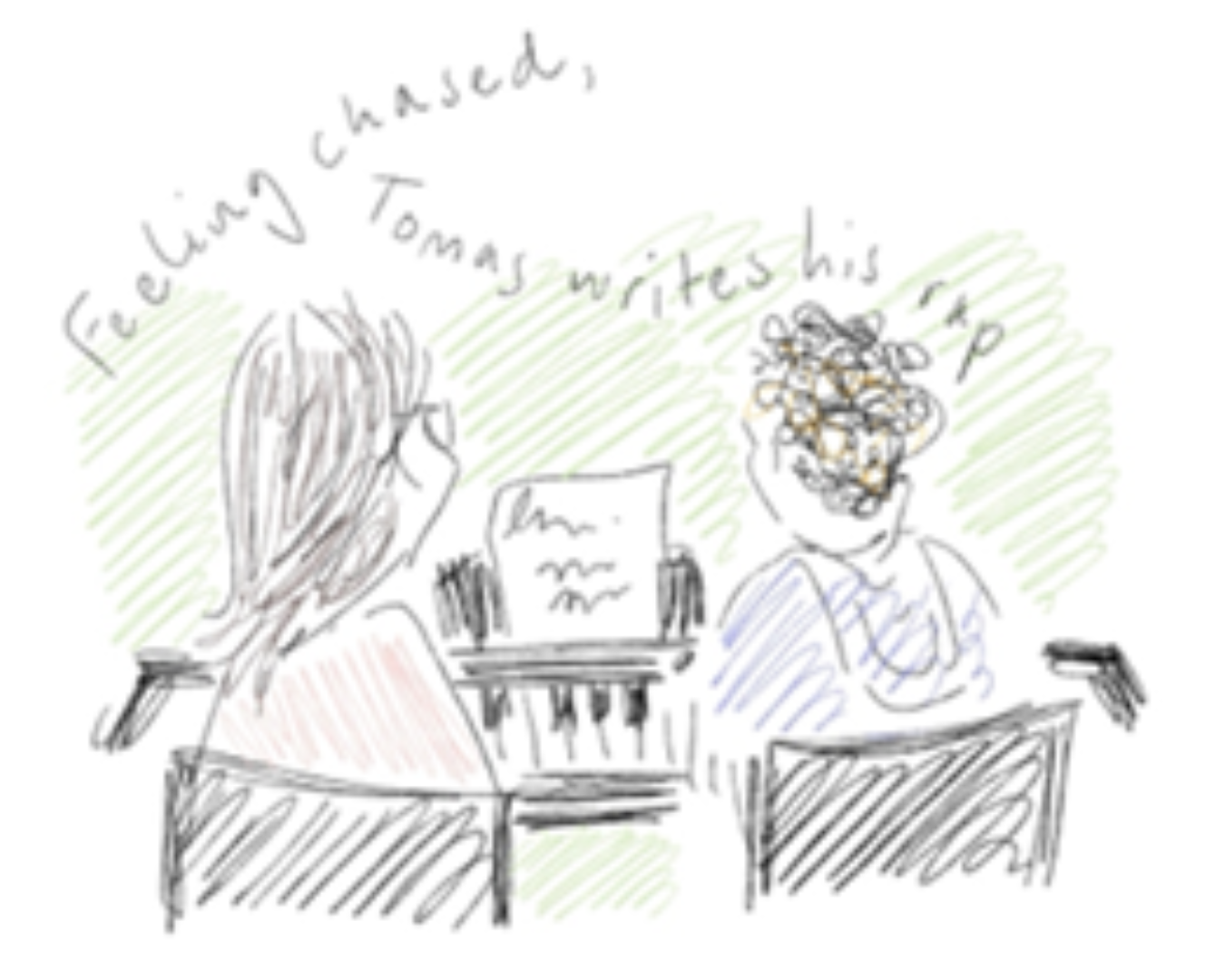 Drawing of Tomas in music therapy, titled 'Feeling chased, Tomas writes his rap'