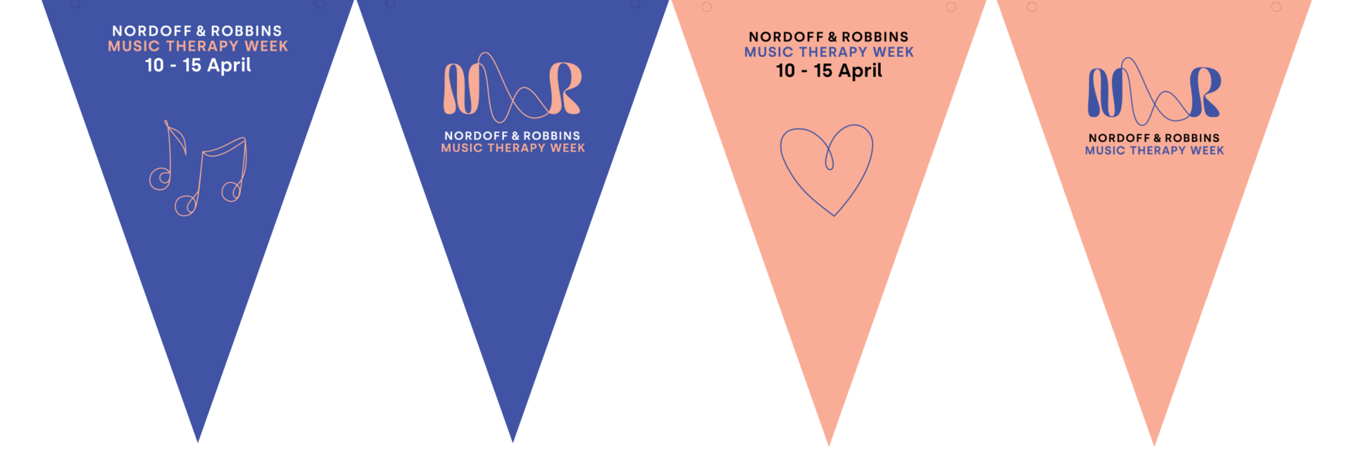 Image shows our bunting in purple and peach. There are different designs on each of the triangles.
The first triangle is in purple. There is text that reads: Nordoff & Robbins Music Therapy Week. 10-15 April. There is a pencil drawing outline of three musical notes in peach underneath.
The second triangle is purple. There is a Nordoff and Robbins logo in peach above the text: Nordoff & Robbins Music Therapy Week.
The third triangle is peach. There text at the top which reads: Nordoff & Robbins. Music Therapy Week. 10-15 April. There is a pencil drawing outline of a heart in purple underneath.
The fourth triangle is peach. There is a Nordoff and Robbins logo in purple above the text: Nordoff & Robbins Music Therapy Week.