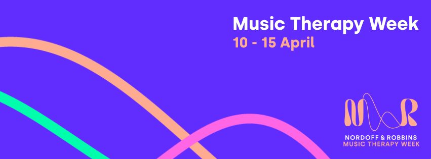 Facebook profile cover image on a purple background. The text reads: Music Therapy Week. 10 to 15 April.