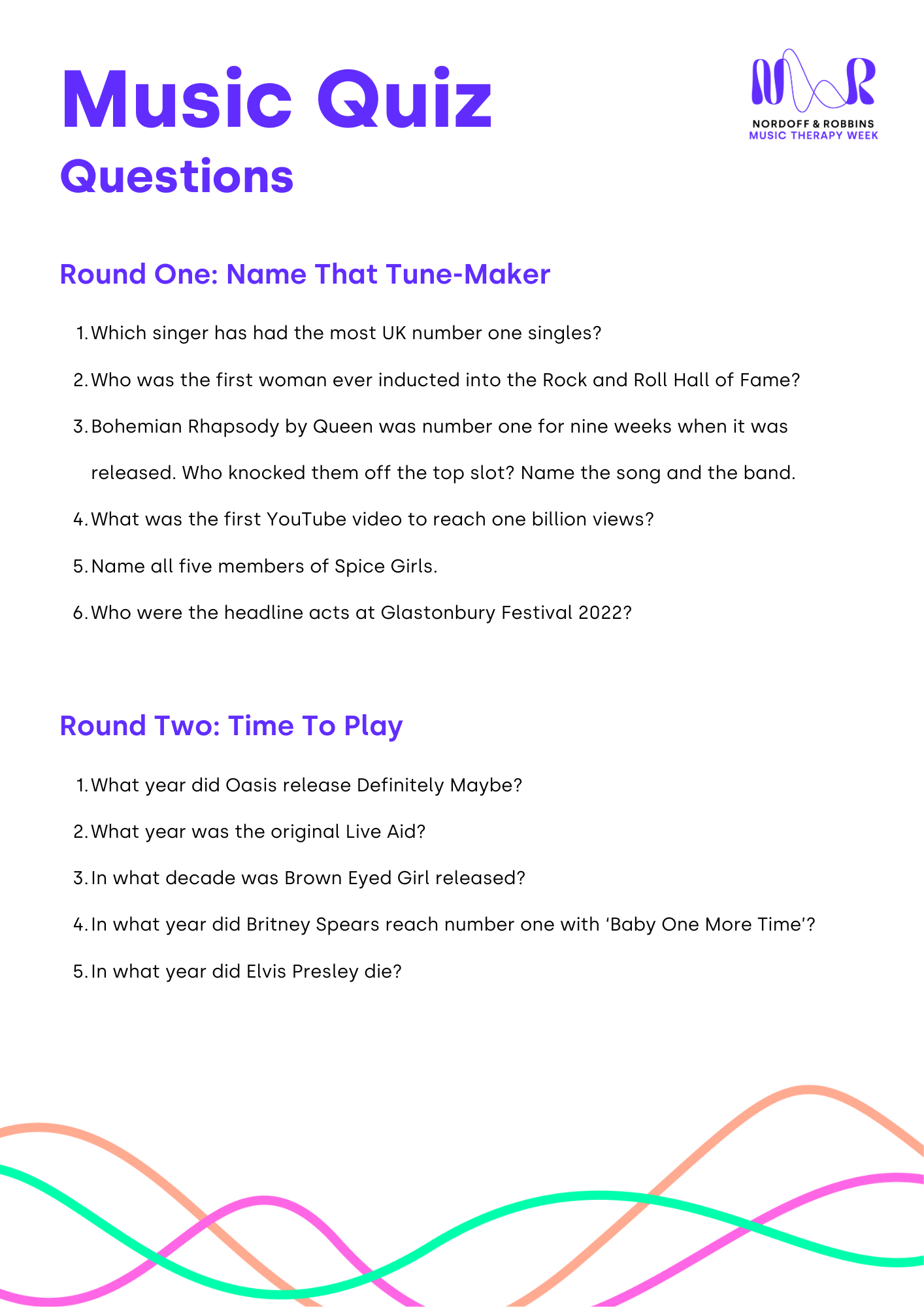 Front page of Music Therapy Week quiz.