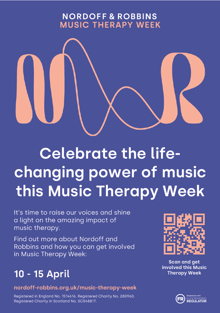 Nordoff and Robbins Music Therapy Week poster. The Nordoff and Robbins logo is in peach against a purple background.
There is large text underneath which reads: Celebrate the life-changing power of music this Music Therapy Week.
There is smaller text underneath which reads: It's time to raise our voices and shine a light on the amazing impact of music therapy. Find out more about Nordoff and Robbins and how you can get involved in Music Therapy Week: 10-15 April.
There is a QR code in the bottom right hand corner in peach.